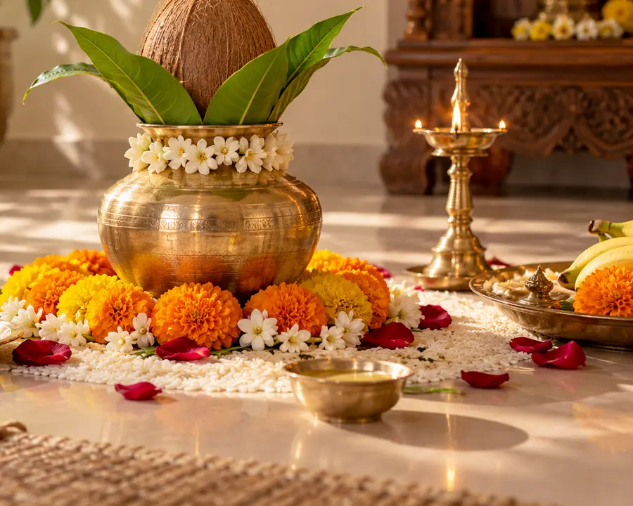 Upakarma — offerings and sacred materials; original illustrative service photograph