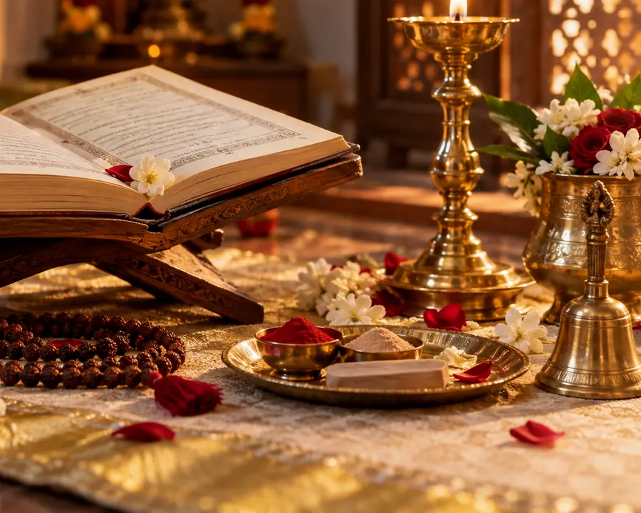 Thithi (Devasam) — offerings and sacred materials; original illustrative service photograph