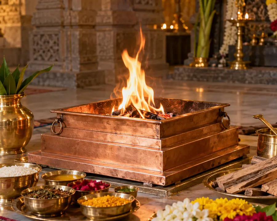Navagraha Homam — illustrative view 1 Navagraha Homam — complete ritual setting; original illustrative service photograph